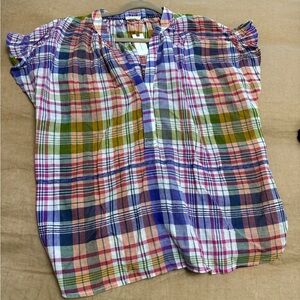 NEW Anthropologie Pilcro cotton Colorful Plaid Short Sleeve Blouse